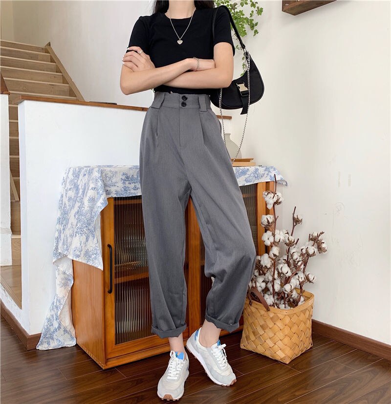 New All-Match College Classic Teens Pantalones Hot Straight Pants Women Bf Style Chic Trendy Ankle-Length Trousers Summer